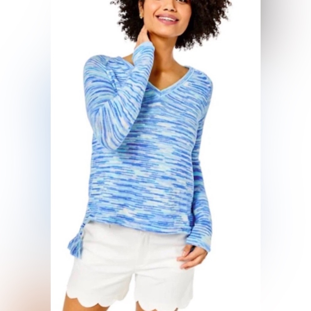Lilly Pulitzer Jody V-Neck Sweater XXL Blue Peri High Tide Space Dye Like New